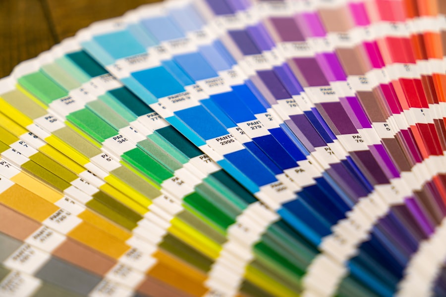 Color palette swatches and paint samples used to tune a brand palette