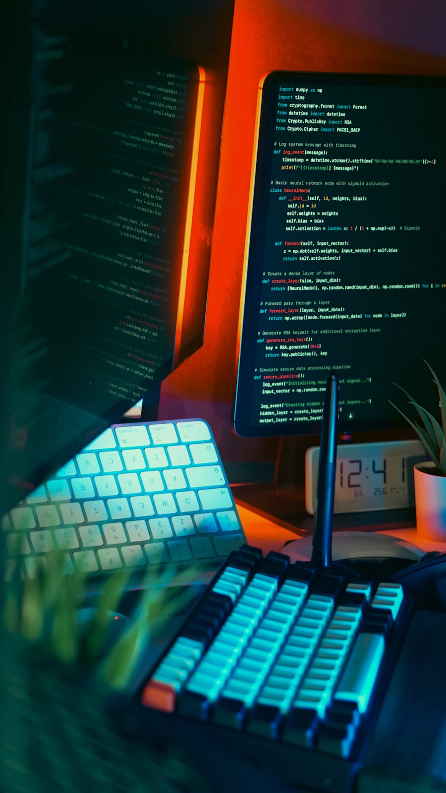 A developer workspace with code open across a keyboard and screen