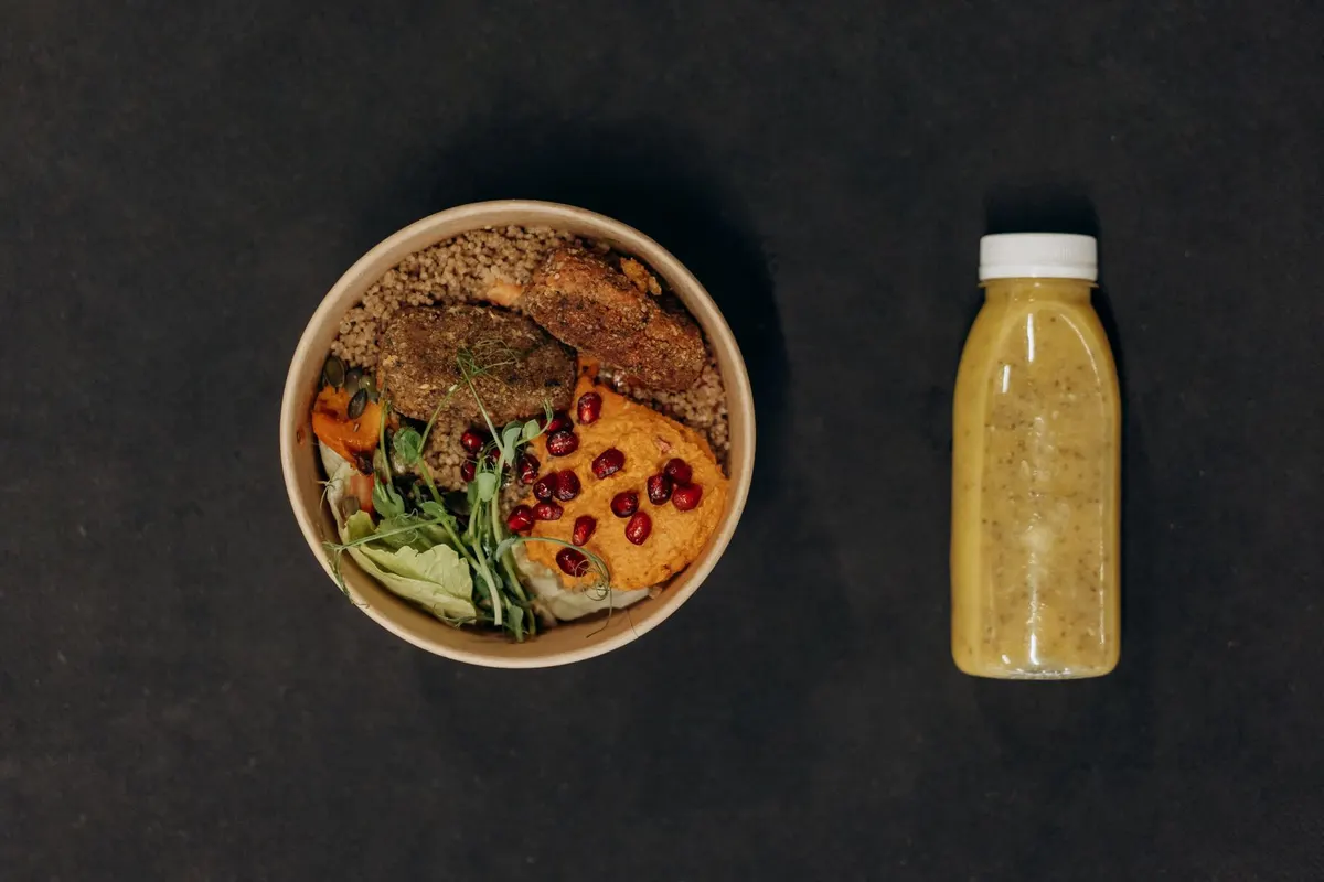 A spread of healthy food and drink on a table