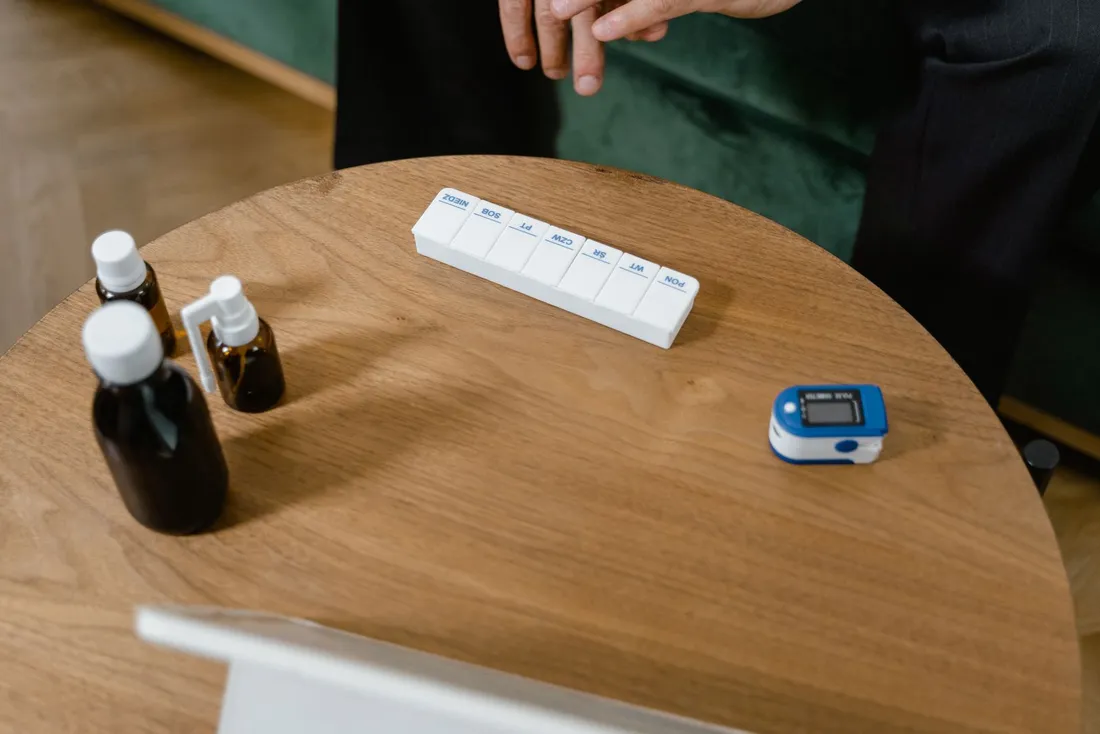 A container of supplements on a table